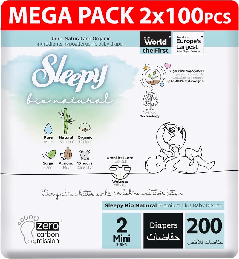 Sleepy Bio Natural Premium Size 2 Diapers - 200 Count - Hypoallergenic Baby Diapers for 3-6Kg - Image 1